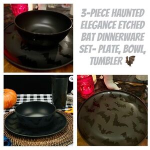 New Haunted Elegance Etched Black Bat Dinnerware 3-Piece Set